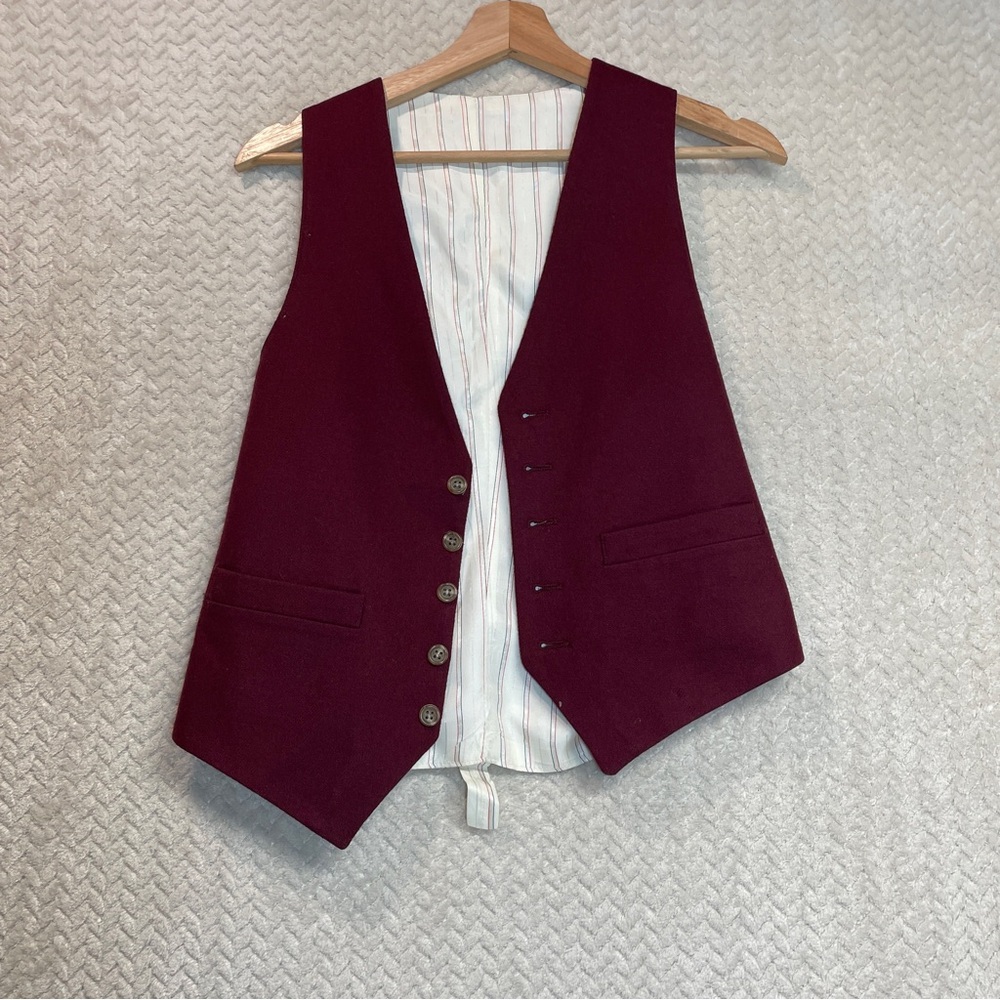 Vintage Maroon Wool Striped Lining 5 Button Poetcore Suit Vest Academia - Picture 7 of 8